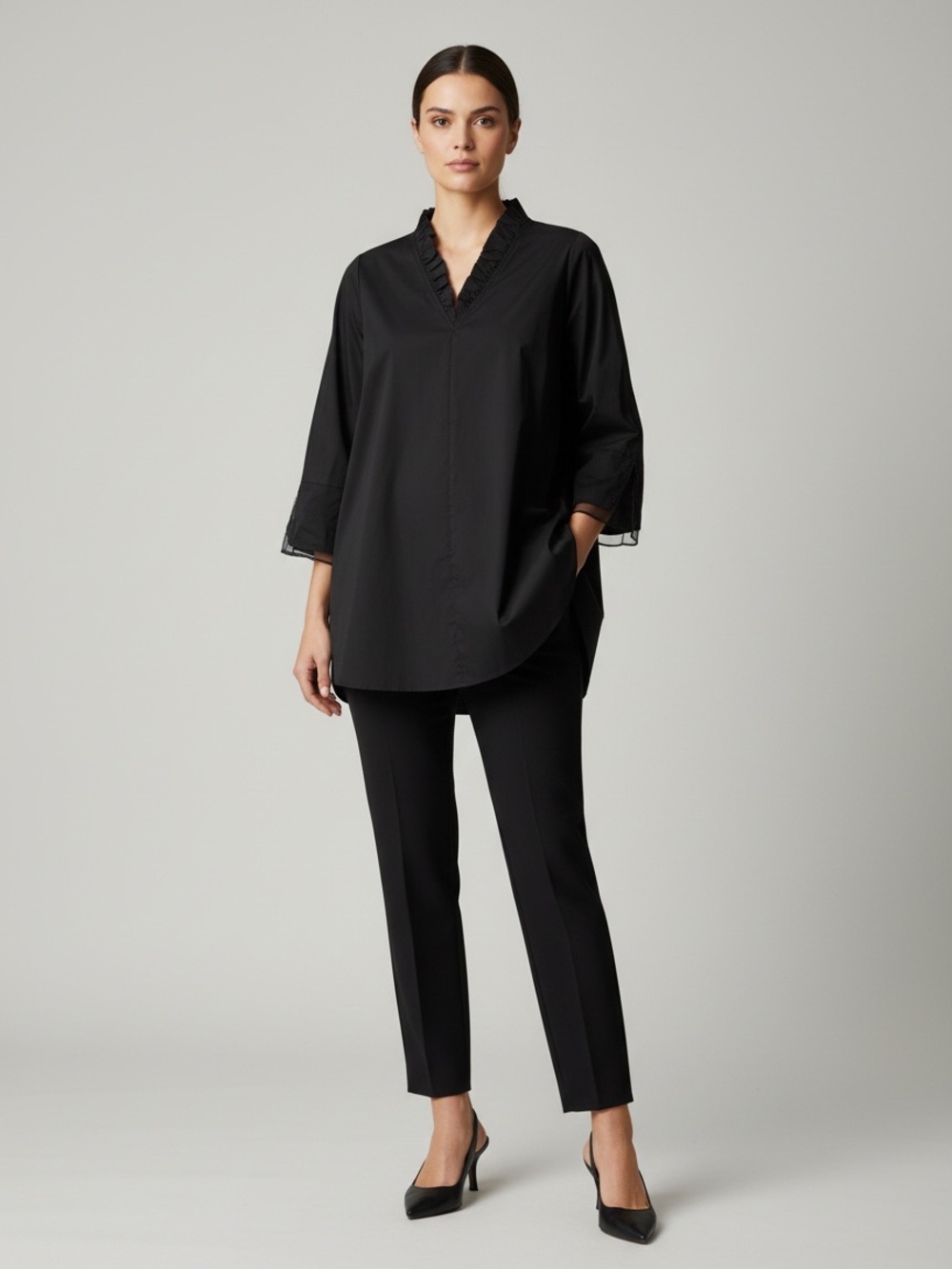 Ming Wang Black Ruffle V-Neck Tunic